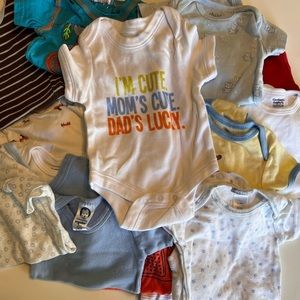 18 Boy Onsies- excellent condition, short sleeve, long sleeve, all white.